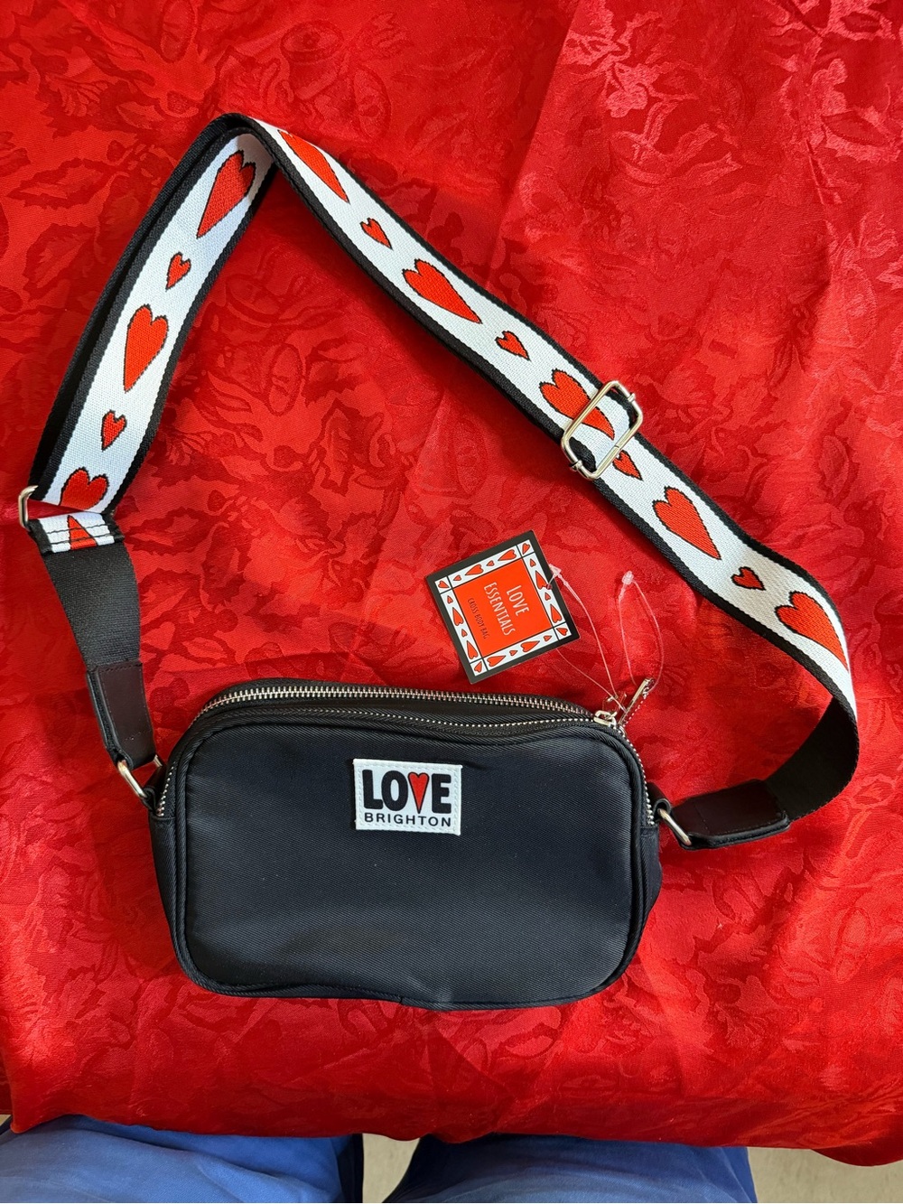 NWT Brighton Black Crossbody with Red Heart Strap